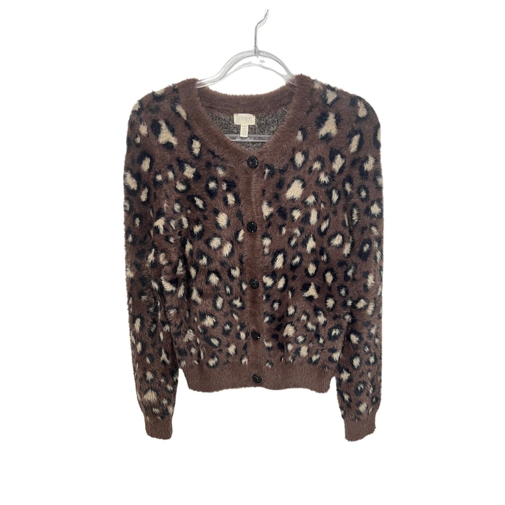 Greige Leopard Print Cardigan Women Medium Brown Fuzzy Rhinestone Button Sweater